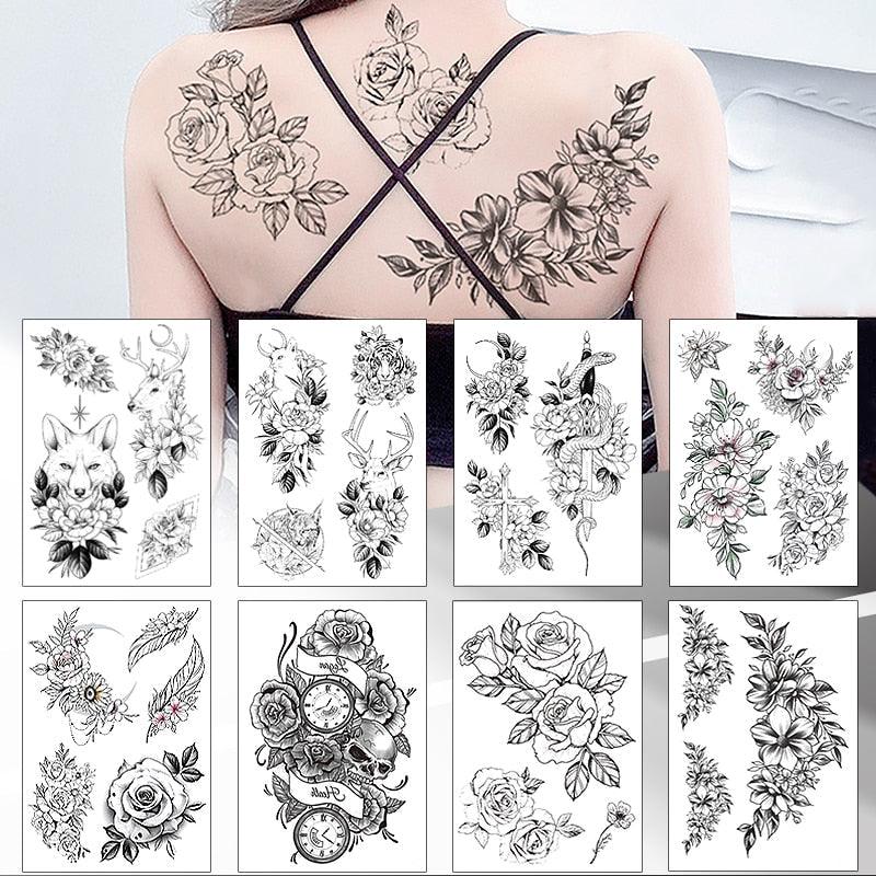 49 Sheets Waterproof Temporary Black Sketches Flowers Tattoo Stickers Flower Rose Tattoos For Women Adults Stevvex