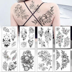 49 Sheets Waterproof Temporary Black Sketches Flowers Tattoo Stickers Flower Rose Tattoos For Women Adults Stevvex