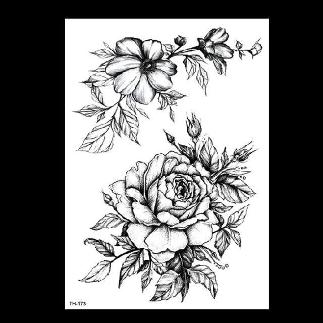49 Sheets Waterproof Temporary Black Sketches Flowers Tattoo Stickers Flower Rose Tattoos For Women Adults Stevvex
