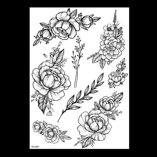 49 Sheets Waterproof Temporary Black Sketches Flowers Tattoo Stickers Flower Rose Tattoos For Women Adults Stevvex