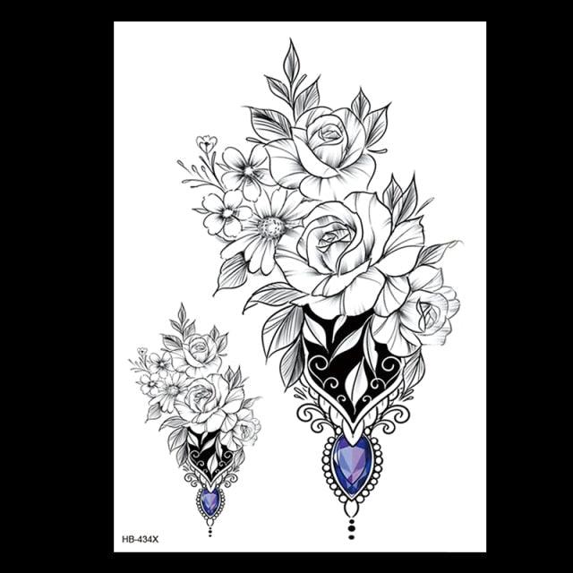 49 Sheets Waterproof Temporary Black Sketches Flowers Tattoo Stickers Flower Rose Tattoos For Women Adults Stevvex
