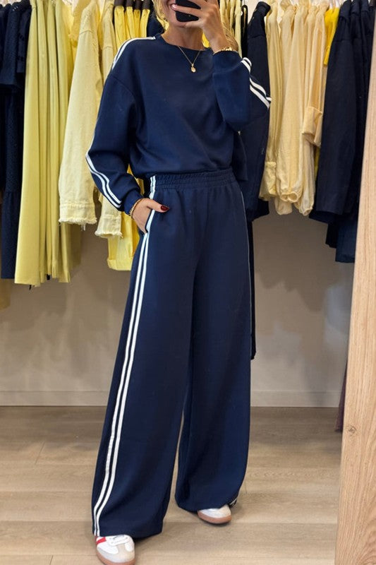 Varsity Stripe Crewneck Pullover and Sweatpants Set THRIXINE