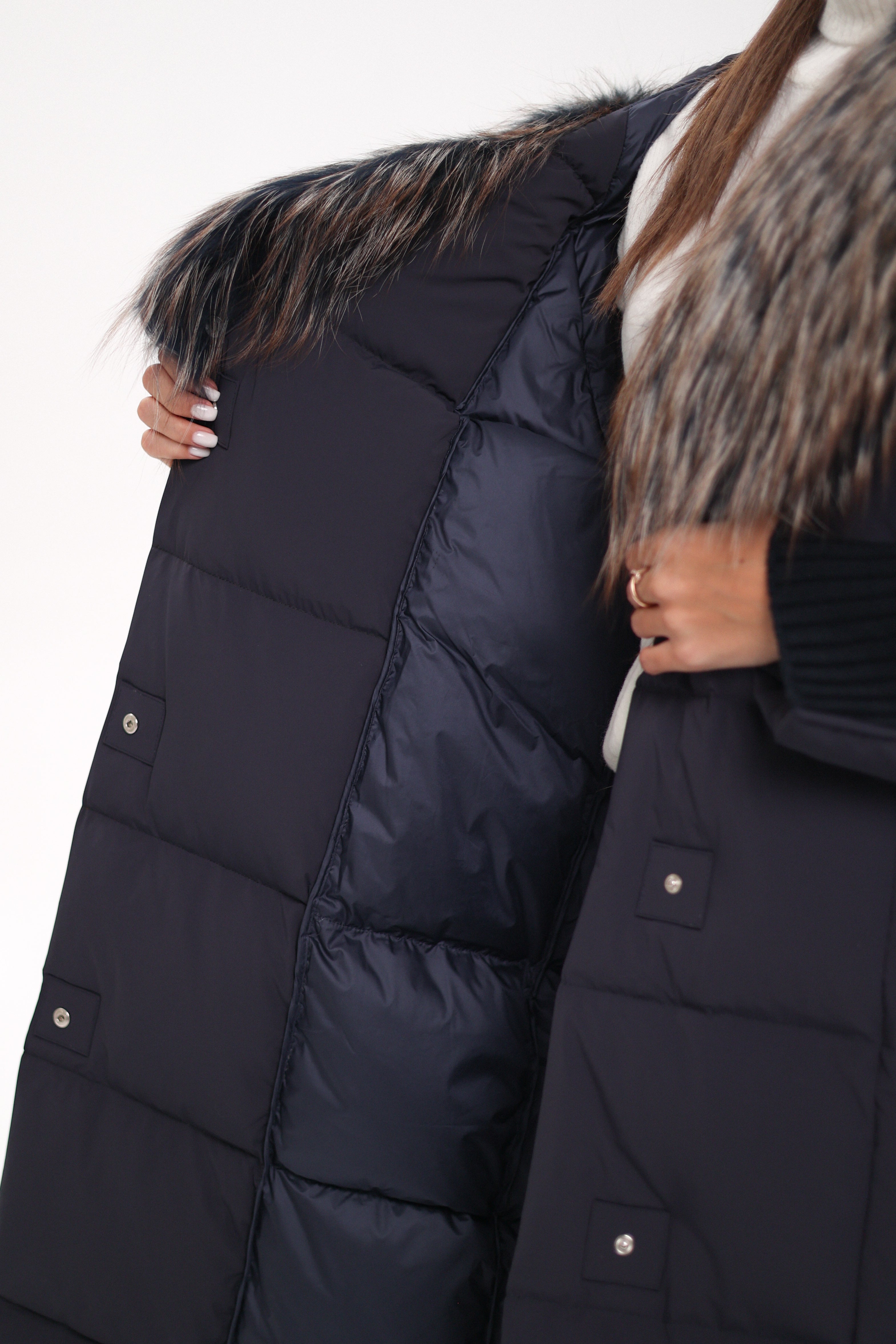 Rei Genuine Fur Trim Hooded Down Coat in Navy - SJB-DIAMOND ELITES