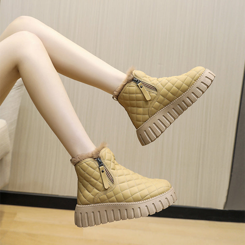 Women's Plaid Pattern Platform Ankle Boots Casual Side Zipper Plush Lined Snow Boots Winter Comfortable Short Boots Pi-Mart