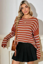 Brown Stripe Casual Round Neck Drop Shoulder Sweater
