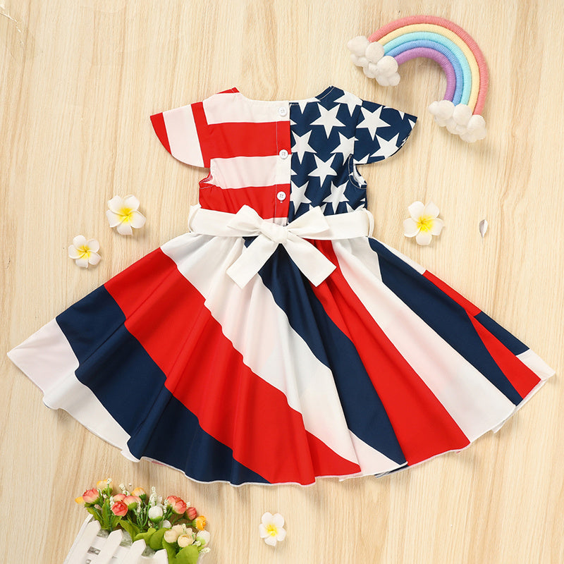 Toddler Girls' Independence Day Dress Red White & Blue Stripes And Stars Short Sleeve Twirl Dress 4th Of July Pi-Mart