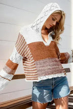 Double Take Full Size Openwork Contrast Long Sleeve Hooded Sweater - SJB-DIAMOND ELITES