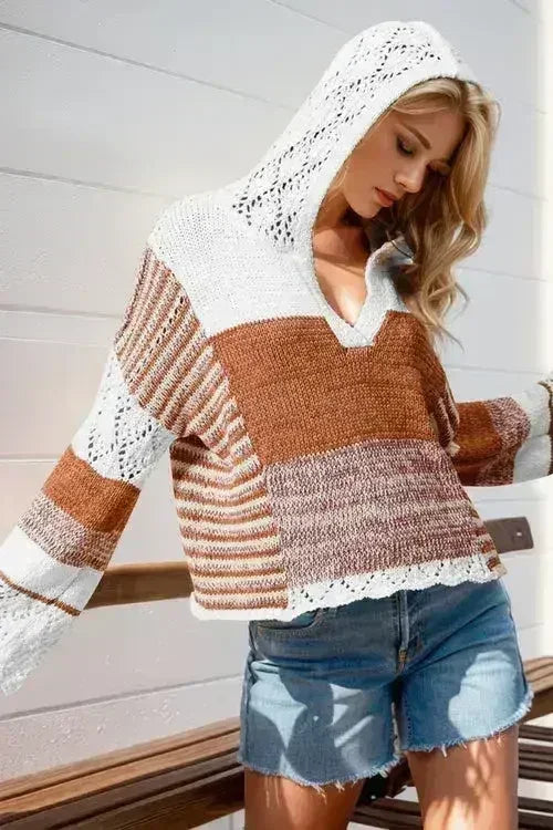 Double Take Full Size Openwork Contrast Long Sleeve Hooded Sweater - SJB-DIAMOND ELITES