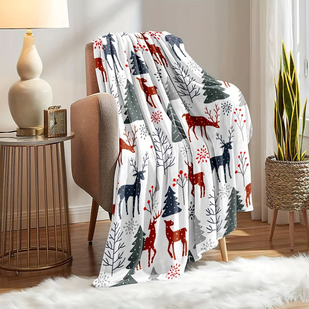 1pc Throw Blanket, Christmas Theme Deer Pattern Printed Blanket, Warm Cozy Soft Blanket For Couch Bed Sofa Car Office Camping Travelling, Gift Blanket Suitable For All Seasons Lootquake LLC