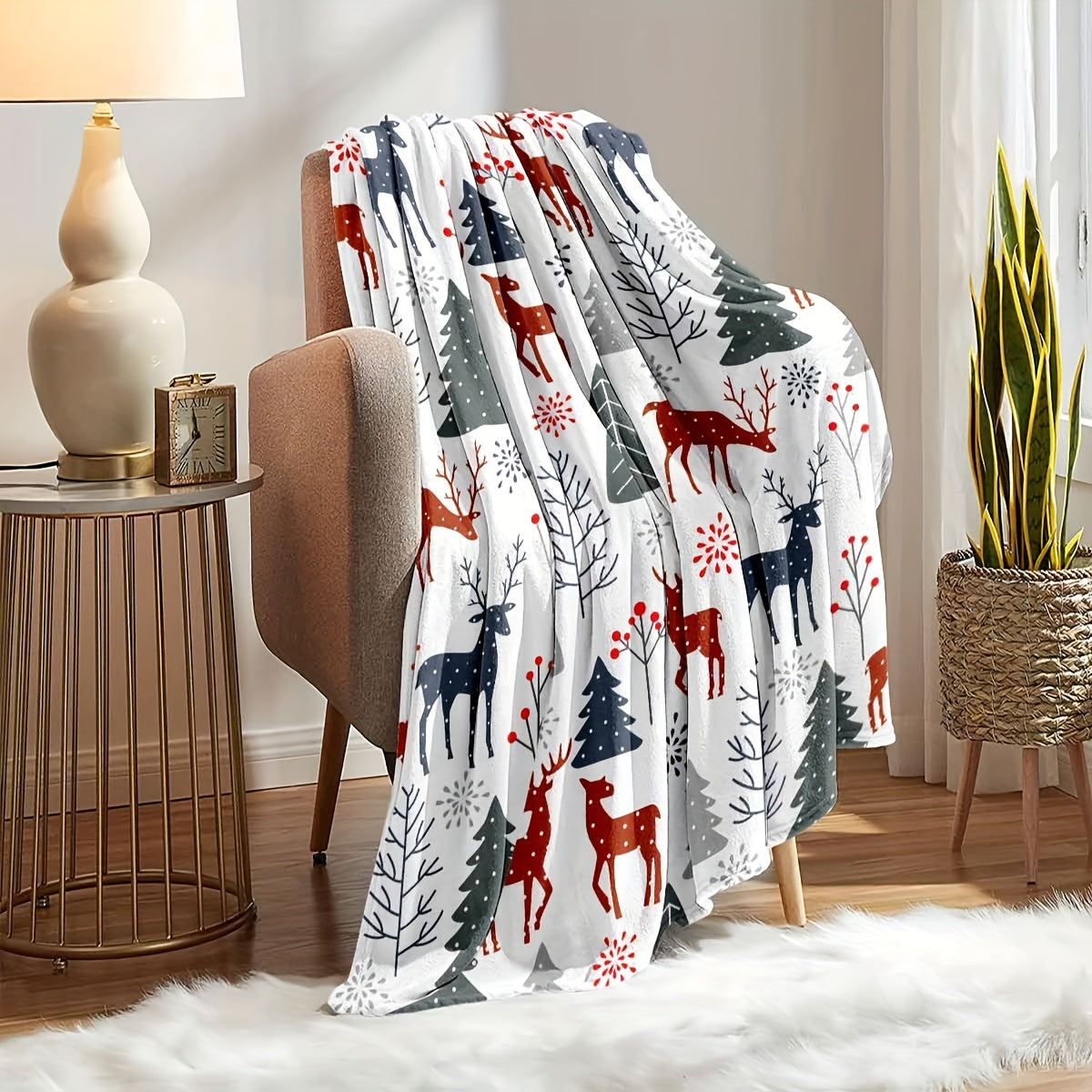 1pc Throw Blanket, Christmas Theme Deer Pattern Printed Blanket, Warm Cozy Soft Blanket For Couch Bed Sofa Car Office Camping Travelling, Gift Blanket Suitable For All Seasons Lootquake LLC