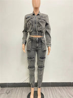 Wmstar Denim Two Piece Set Women Jacket Coat Top Jeans Cargo Pants Cool New in Winter Matching Clothes Wholesale Dropshipping Purplish Diva