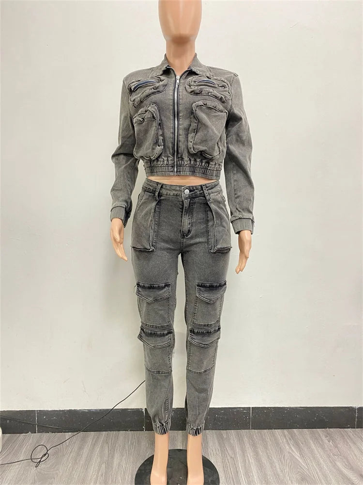 Wmstar Denim Two Piece Set Women Jacket Coat Top Jeans Cargo Pants Cool New in Winter Matching Clothes Wholesale Dropshipping Purplish Diva