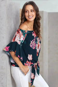 Navy Off Shoulder Floral Tie Front High Low Chiffon Blouse - SJB-DIAMOND ELITES