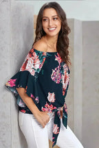 Navy Off Shoulder Floral Tie Front High Low Chiffon Blouse - SJB-DIAMOND ELITES