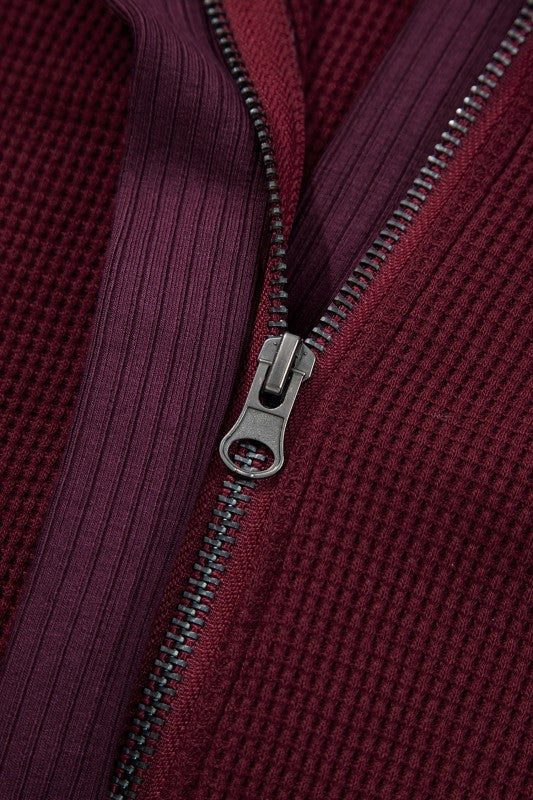 Waffle Zip Up Snap Button Hooded Jacket THRIXINE