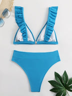 New Elegance Curve V-Neck Bikini Set – Sleek Solid Color High Waist Swimsuit with High-Cut Leg and Delicate Lettuce Trim – Stretch Comfort and Easy-Care Two-Piece Swimwear for Women’s Poolside Style Stevvex