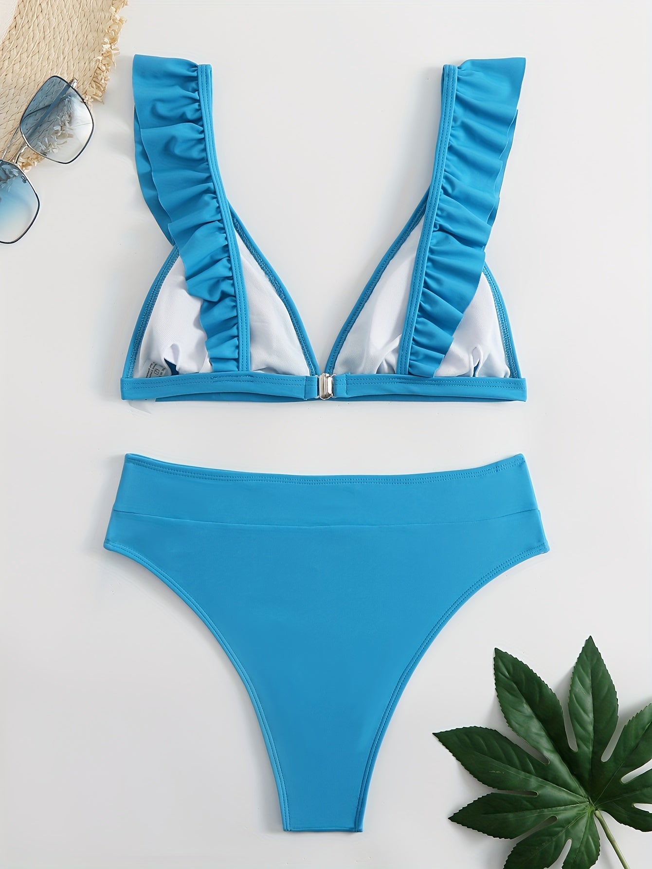 New Elegance Curve V-Neck Bikini Set – Sleek Solid Color High Waist Swimsuit with High-Cut Leg and Delicate Lettuce Trim – Stretch Comfort and Easy-Care Two-Piece Swimwear for Women’s Poolside Style Stevvex