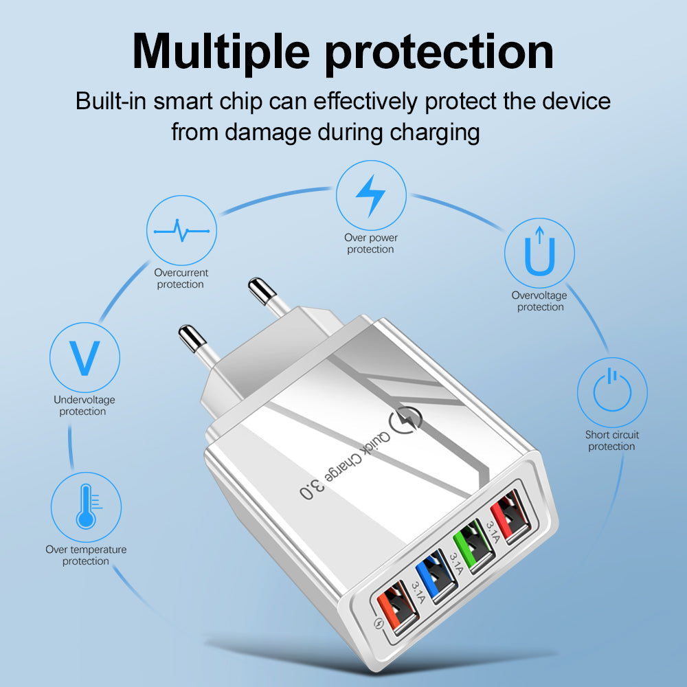 USB Charger Quick Charge 3.0 4 Phone Adapter For Tablet Portable Wall Mobile Charger Fast Charger Pi-Mart