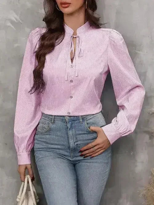 Striped Tie Neck Long Sleeve Blouse – Femstylo - SJB-DIAMOND ELITES