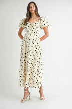 Polka Dot Puff Sleeve Midi Dress For Women – Vintage Fluttering Polka Dot Dress, Feminine Puff Sleeve Dress, Retro Midi Dress, Classic Chic Dress