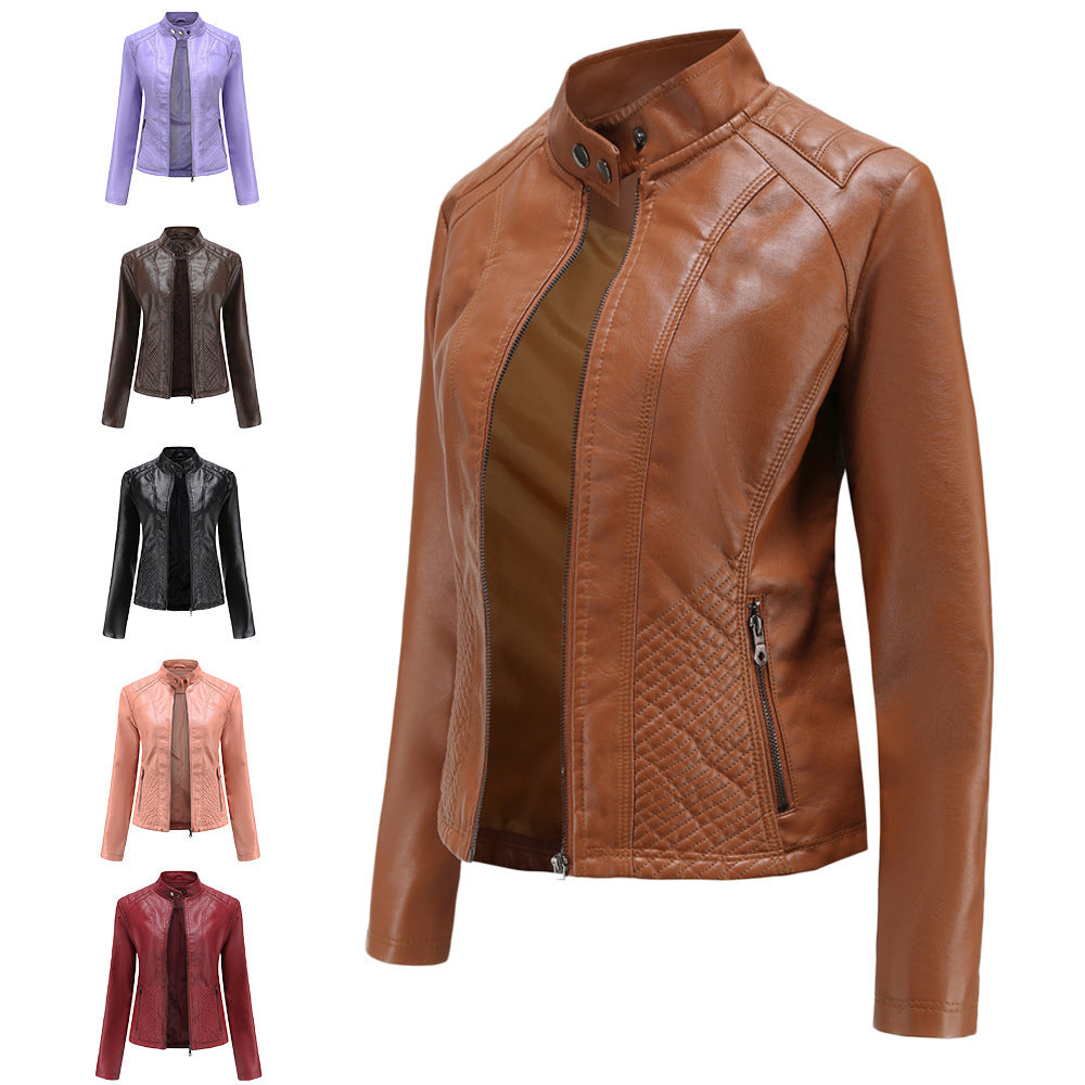 Simple European And American Trend Thin Coat Long Sleeve Motorcycle Jacket Women Pi-Mart