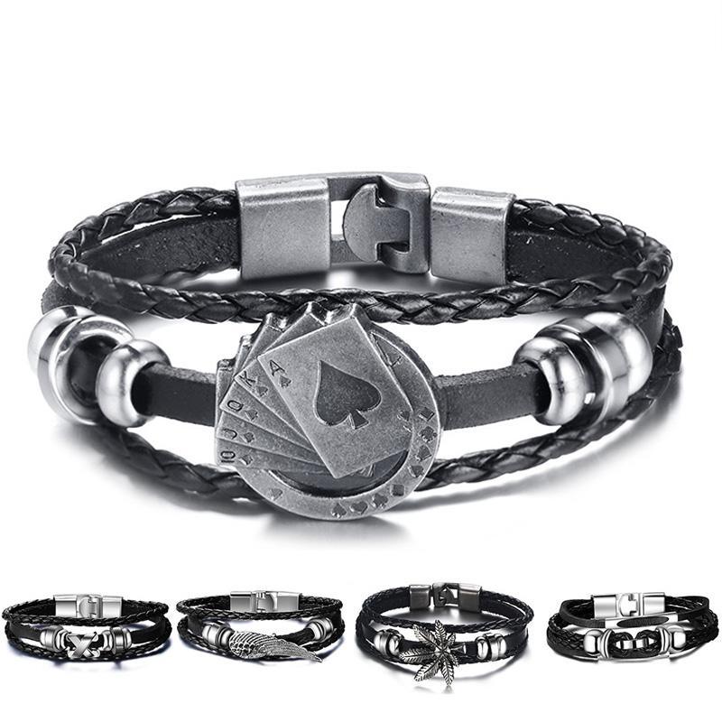 Lucky Vintage Men's Leather Bracelet Playing Cards  Charm Multilayer Braided Men and Women Gift - SJB-DIAMOND ELITES