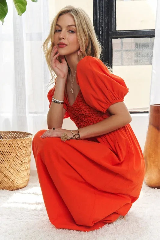 Popcorn Smocked Puff Sleeve Dress For Women – Textured, Elegant, Fluttering, Feminine, Stylish, Trendy For Special Occasions Stevvex