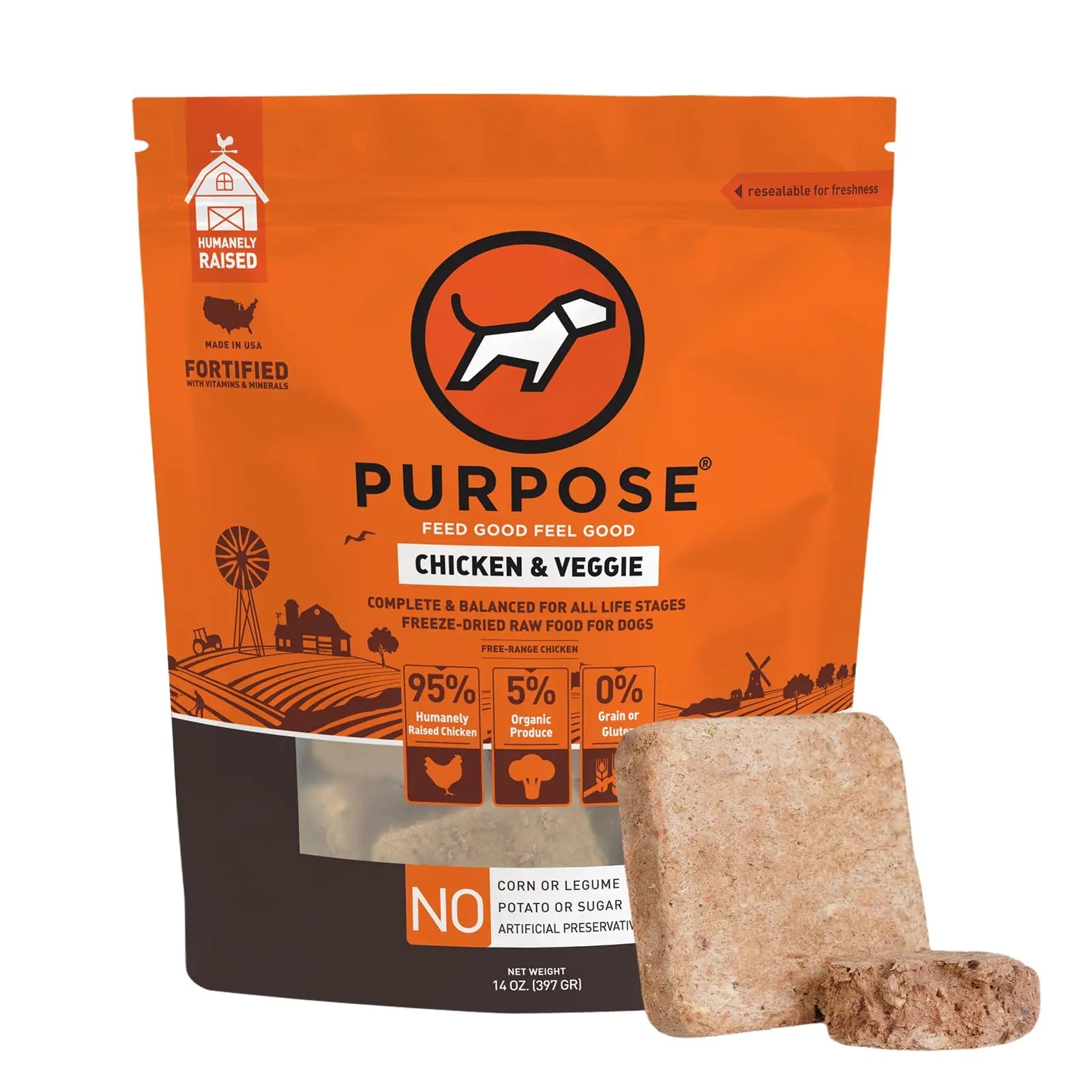 PURPOSE Freeze Dried Raw Dog Food Grain Free Dry Dog Food Complete Balanced Meal or Topper Protein Rich Dog Food for All Breeds and Life Stages Chicken & Veggie Recipe Entrée 14 oz USA Made Lootquake LLC