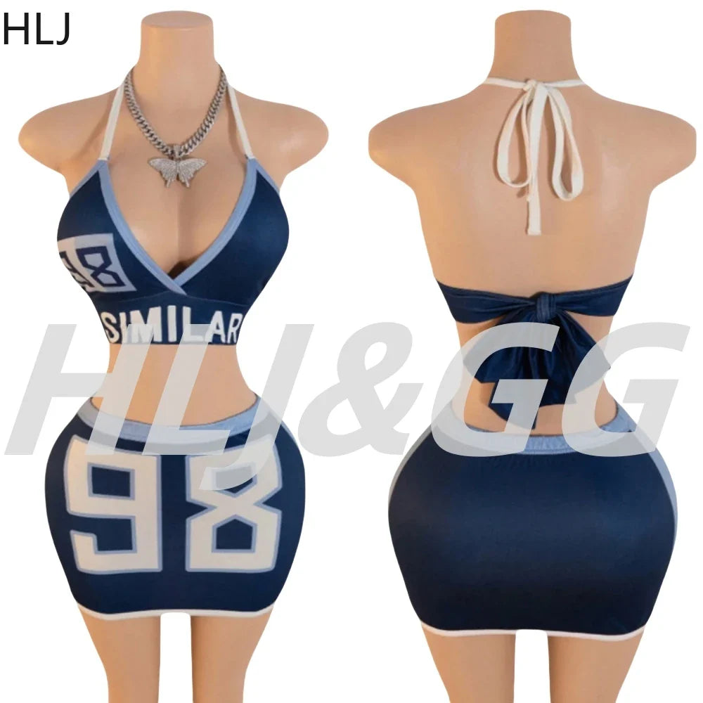 HLJ Blue Sexy Y2K Letter Printing Mini Skirts Two Piece Sets Women Halter V Neck Bangage Slim Crop Top And Skirts Outfits 2025 Purplish Diva