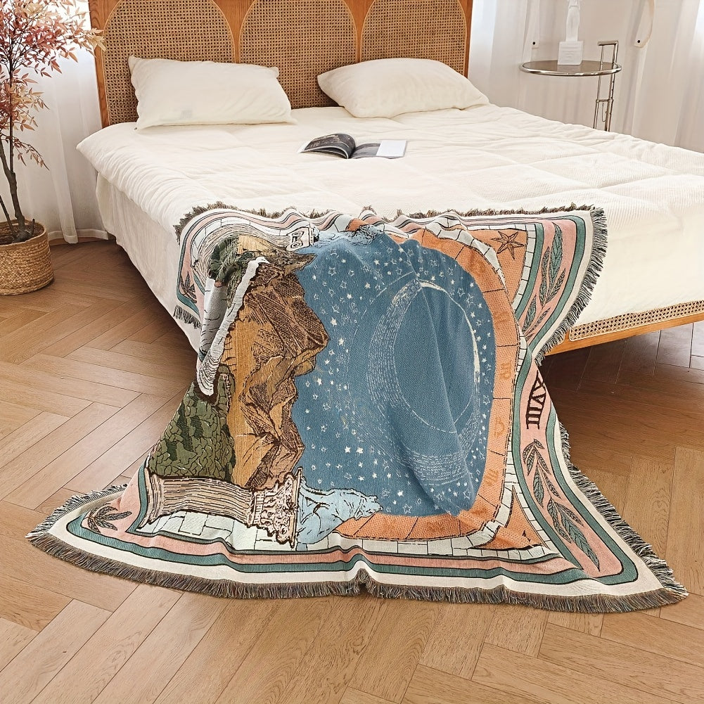 1pc Bohemian Knitted Tassel Blanket - Polyester Blend, Machine Washable, Square, Stain Resistant, Lightweight, Versatile for Indoor, Outdoor, Camping - The Moon Design Rug Lootquake LLC