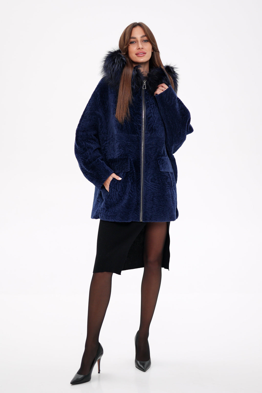 Genuine Shearling Silver Fox Trim Jacket - SJB-DIAMOND ELITES
