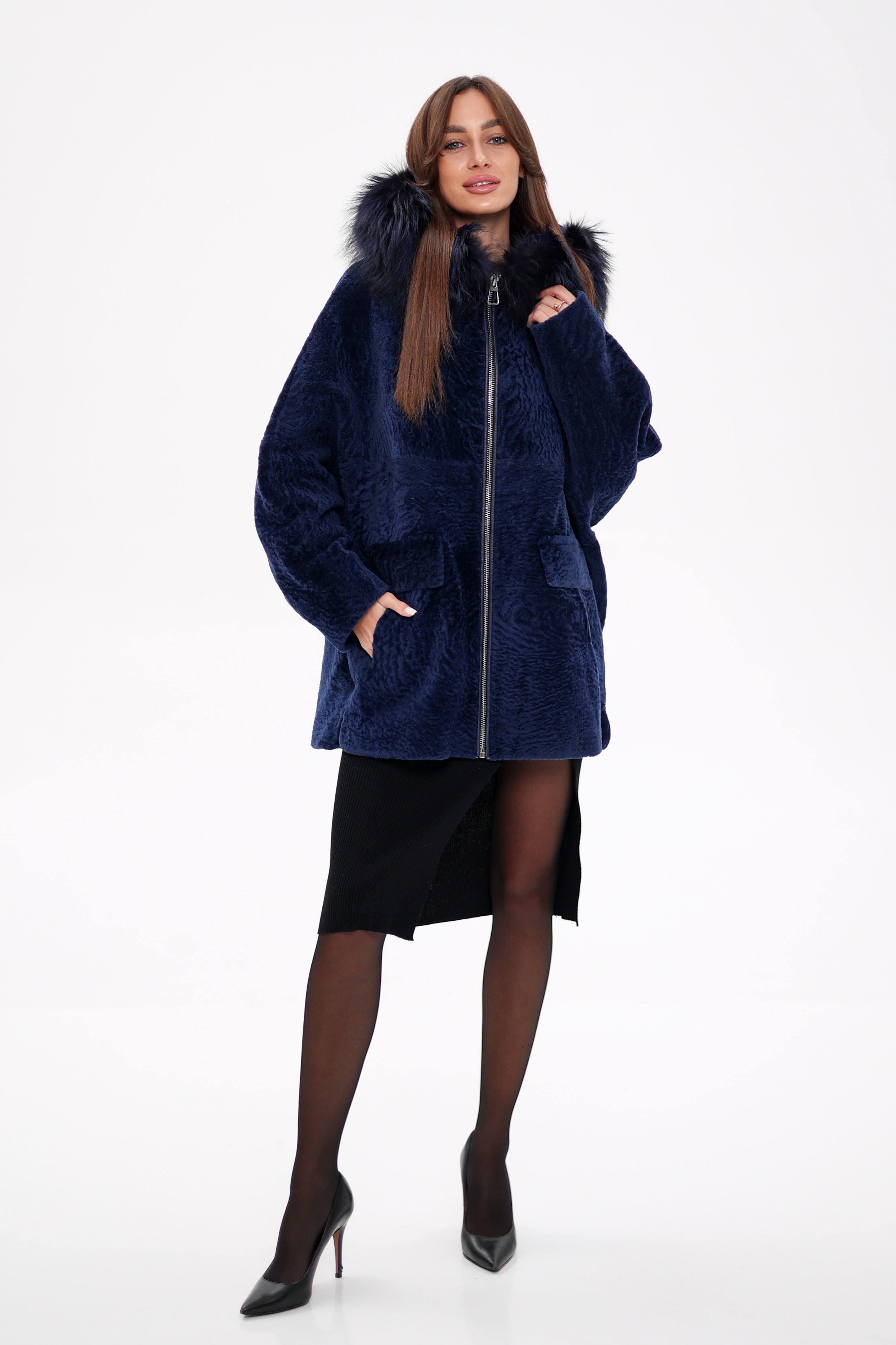 Genuine Shearling Silver Fox Trim Jacket - SJB-DIAMOND ELITES
