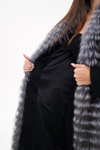 Genuine Silver Fox Virgin Wool Wrap Coat in Black - SJB-DIAMOND ELITES