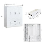 YG-15 74" H White Solid Wood Freestanding Wardrobe Closet for Clothes Storage. Bedroom Wardrobe Storage Cabinet featuring 2 Hanging Rod Shelves, 2 Drawers, and 5 Storage Compartments Pi-Mart
