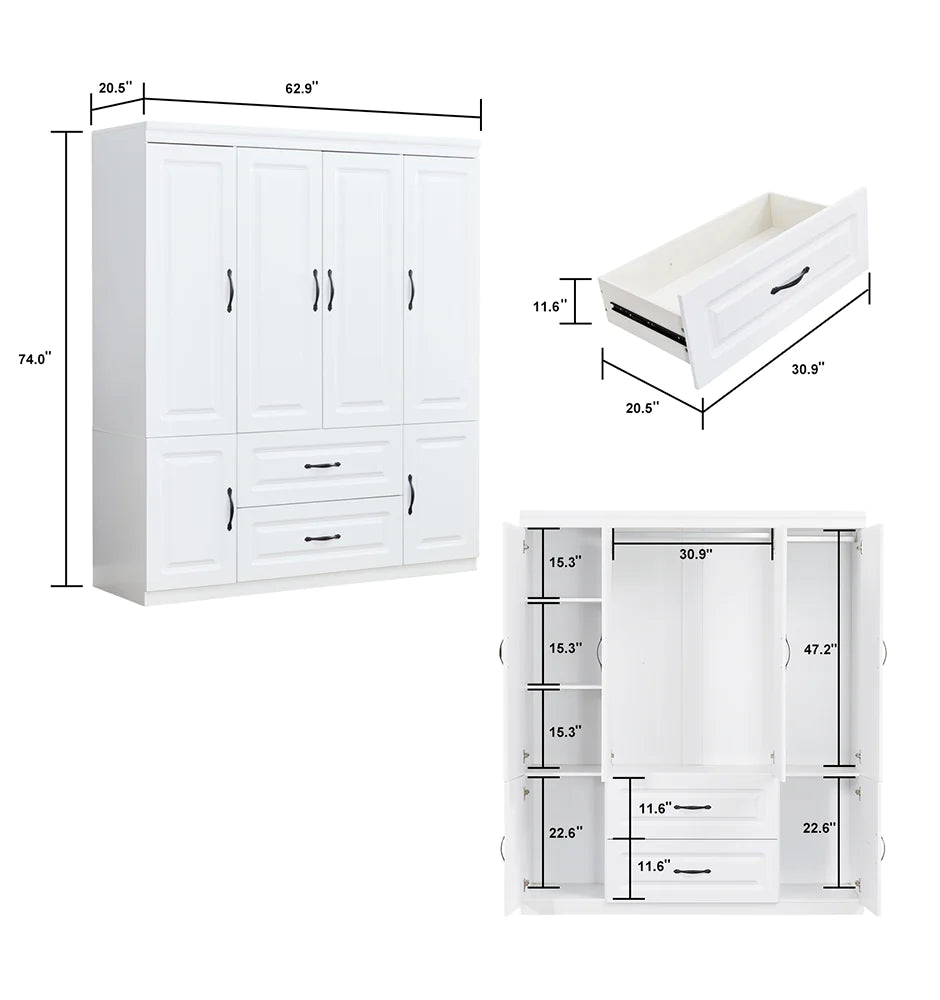 YG-15 74" H White Solid Wood Freestanding Wardrobe Closet for Clothes Storage. Bedroom Wardrobe Storage Cabinet featuring 2 Hanging Rod Shelves, 2 Drawers, and 5 Storage Compartments Pi-Mart