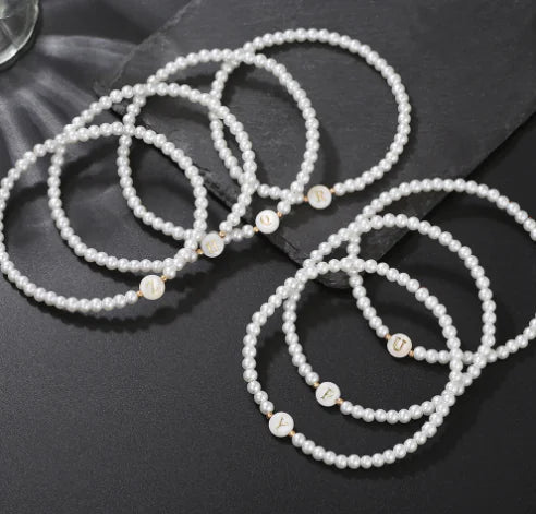 Dainty Faux Pearl Bead Initial Bracelet for Women Pi-Mart