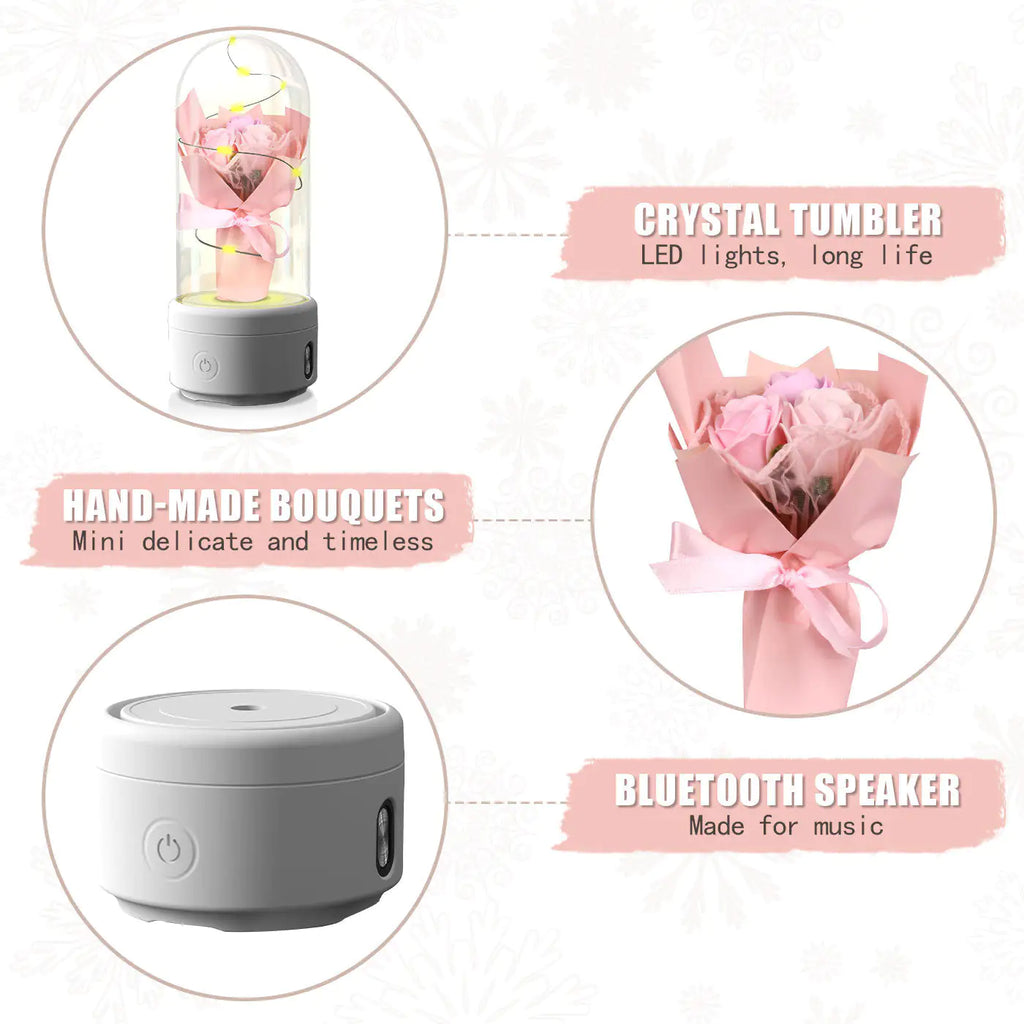 Creative 2 In 1 Bouquet LED Light And Bluetooth-compatible Speaker Mother's Day Gift Rose Luminous Night Light Ornament In Glass Cover Pi-Mart