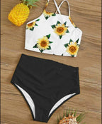 High Waist Bikini Sunflower Swimsuit Women Bikini Floral Swimsuit Floral Crop Tie Knot Front High Waist Bikini Set Two Piece Swimsuit For Women  Summer High Waisted Bathing Suit Stevvex