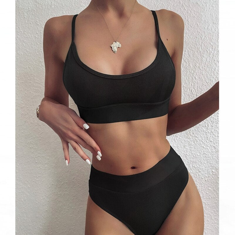 Women Bikini Sets Solid Color Ruffled Swimwear Bathing Suits 2 Piece Split Push Up Bandage Beachwear Women's Bikini Scoop Neck Straps Cutout Crop Top Lace Up Bottom Comfortable Two Piece Swimsuits Stevvex
