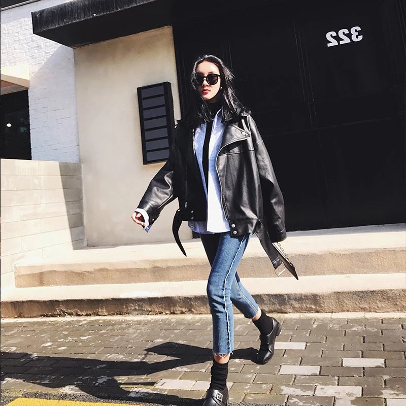PU Faux Leather Jacket Women Loose Sashes Casual Biker Jackets Outwear Female Tops BF Style Black Leather Jacket Coat Stevvex