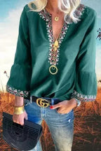 Green Floral V Neck Long Sleeve Casual Boho Top Blouses - SJB-DIAMOND ELITES