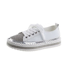 Womens Leopard Sneakers Women Canvas Shoes Leisure Lace-Up Sneakers Rhinestone Shiny Flat Charming Shoes Platform Leisure Low Sneakers Stevvex
