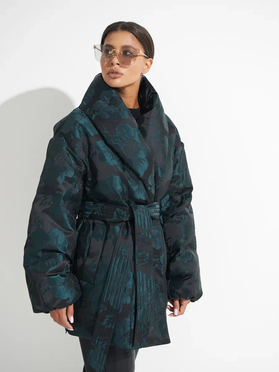 Monochrome Jacquard Down Coat in Vintage Emerald - SJB-DIAMOND ELITES