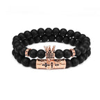 Lava Stone Combination Cubic Zircon Beads Bracelet Natural Red Tiger Eye Black Matte Onyx Stone Crown King Beads Bracelet For Men Women Fashion Charm Zircon Head Elastic Adjustable Bracelet Set Luxury Design