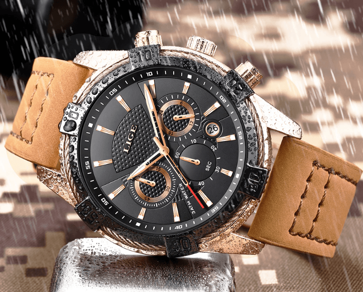 Men's Waterproof Watch With Chronometers Date Display Gold Detail Excellent Background Perfect Gift Stevvex