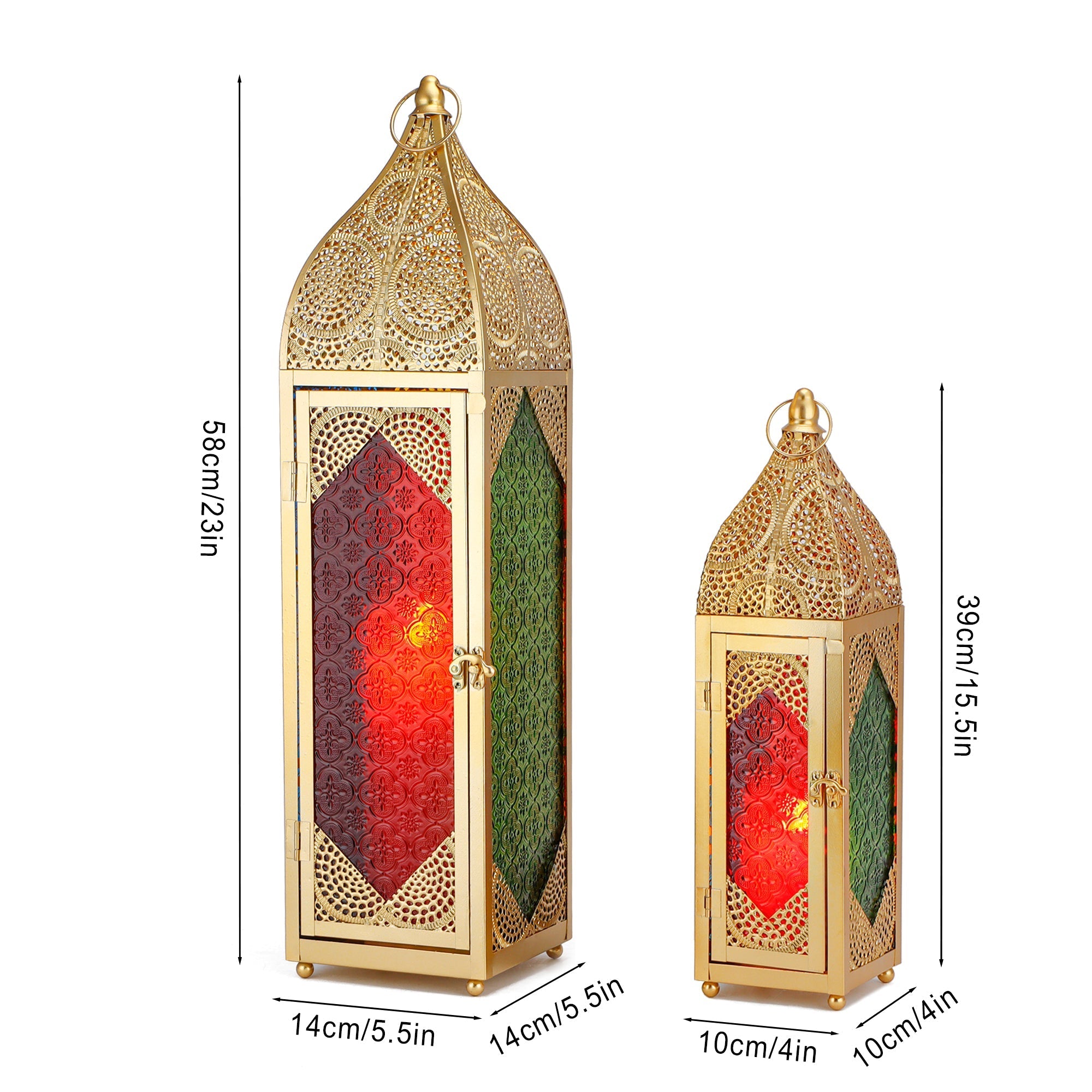 Set of 2 Moroccan Candle Lanterns - 23''&15.5'' H, Hanging, Embossed Colored Tempered Glass, Ramadan Decor for Home, Indoor/Outdoor, Patio & Weddings