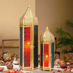 Set of 2 Decorative Ramadan Candle Lanterns - Metal, Tempered Glass, Hanging Tealight, Moroccan Style, Indoor/Outdoor Party Decor Lootquake LLC