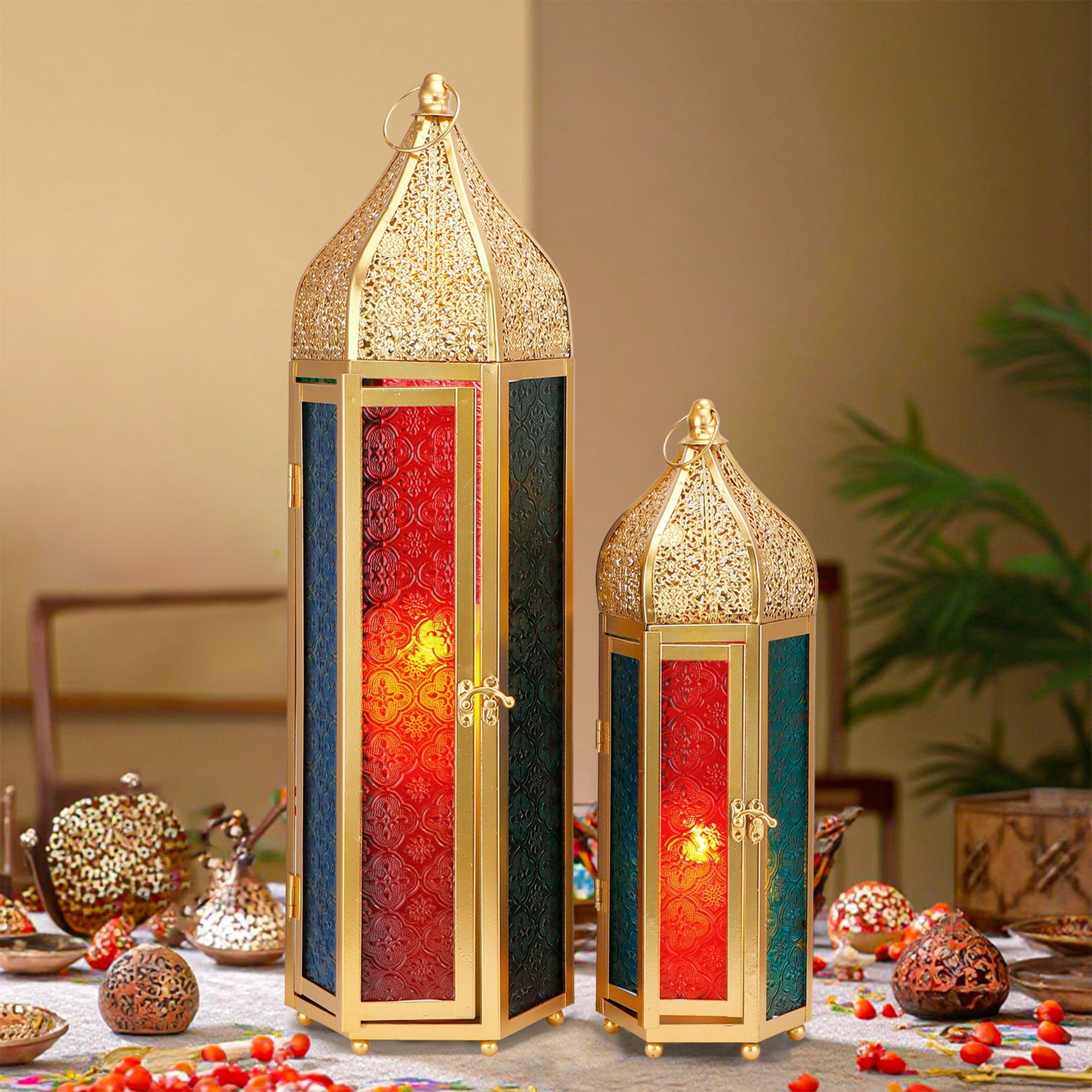 Set of 2 Decorative Ramadan Candle Lanterns - Metal, Tempered Glass, Hanging Tealight, Moroccan Style, Indoor/Outdoor Party Decor Lootquake LLC