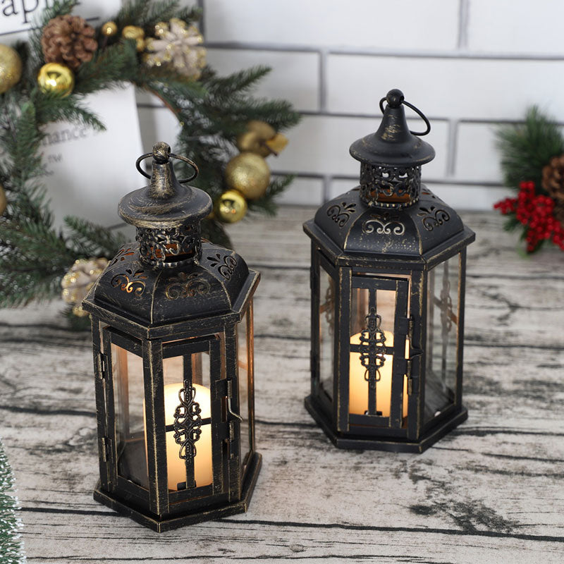 Set of 2 Decorative Lanterns -10 inch High Vintage Style Hanging Lantern Metal Candleholder White with Gold Brush Lootquake LLC