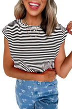 Black Stripe Ribbed Cap Sleeve Round Neck T Shirt